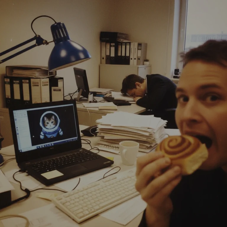 En AI-genererad bild på en person som sitter vid ett skrivbord och äter en kanelbulle framför en gammal laptop.