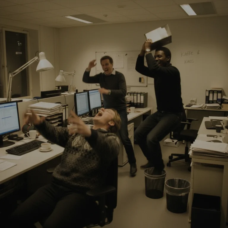 En AI-genererad bild av tre personer som befinner sig på ett kontor. Dem är otroligt glada och ser ut att fira en framgång.