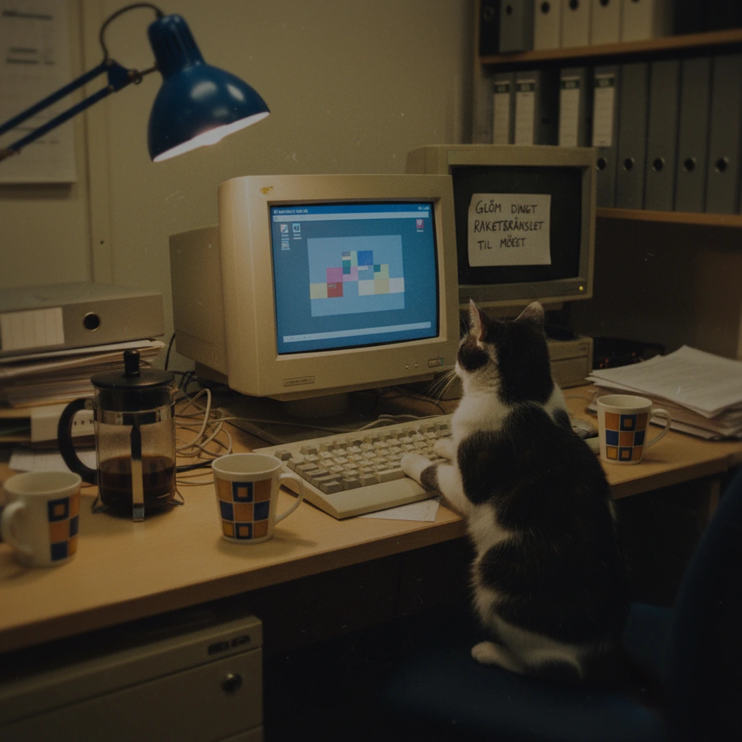 AI-genererad bild av en katt sitter vid ett kontorsskrivbord och tittar på en gammal datorskärm.