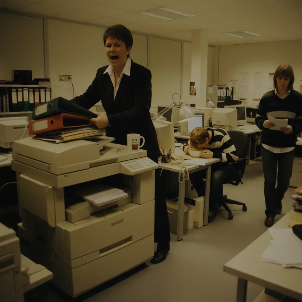 En AI-genererad bild på en person som står och skriker bredvid en apparat i ett gammalt kontorlandskap.