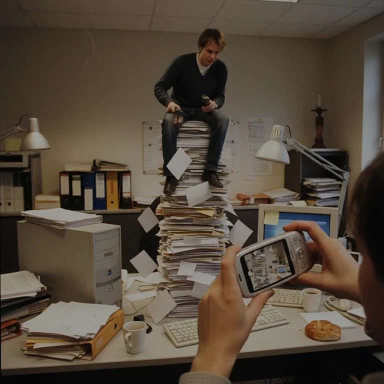 En AI-genererad person sitter högst upp på ett torn av papper.