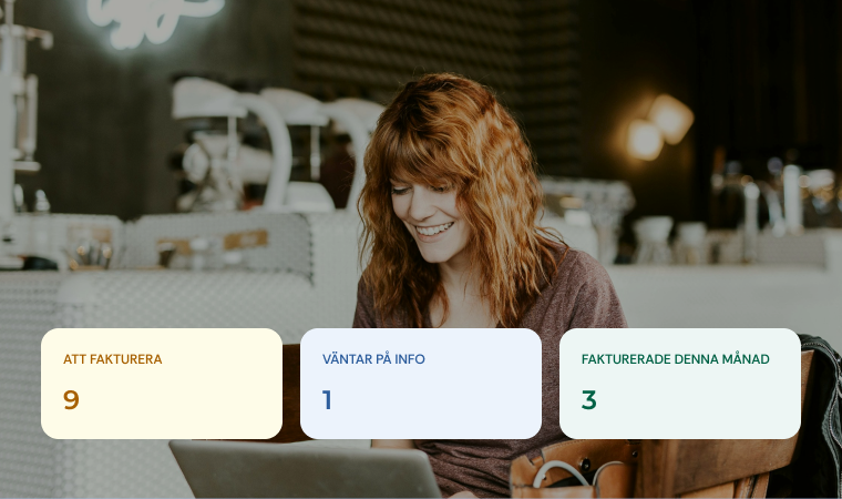 En person sitter i en restaurangmiljö vid ett bord. På bilden ligger det tre grafiska element från Tydla