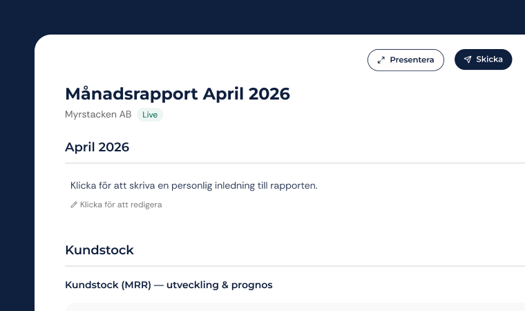 Månadsrapport från Tydla med två knappar som visar att man kan skicka rapporten eller presentera den live