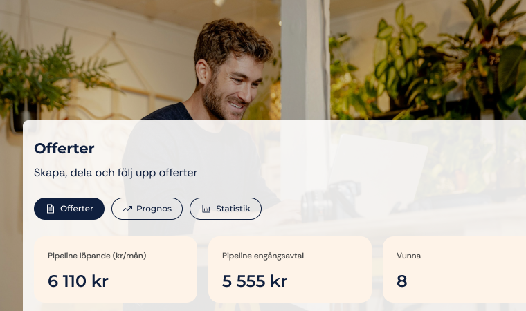 I bakgrunden syns en glad person som sitter vid ett bord. I förgrunden ligger det insikter från Tydla