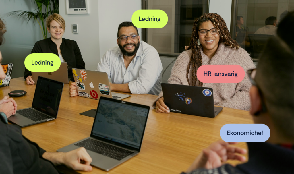 En handfull personer sitter kring ett bord med laptops framför sig. Det finns påliggande grafiska element på bilden som beskriver deras arbetstitel och behörigheter.
