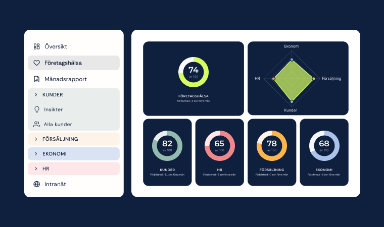 Översiktsbild från tjänsten med påhittade siffror som visar hela företagshälsan i olika hälsocirklar.