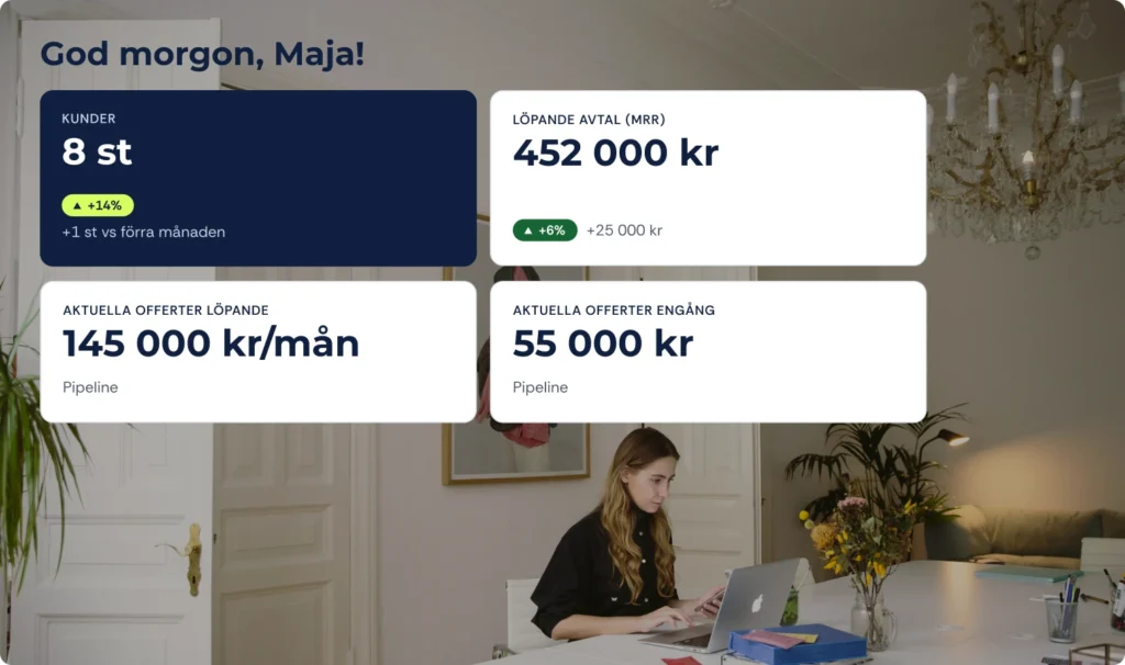 En person som sitter vid ett stort bord och kollar på sin dator. ovanpå bildel ligger det några block med exempel från tjänsten Tydla.