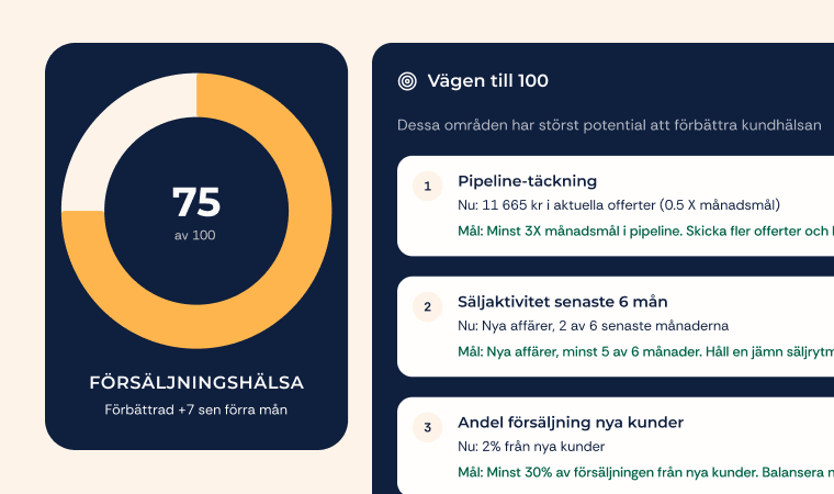 En grafisk bild som visar en hälsocirkel för försäljningshälsa, samt insikter om hur företaget kan arbeta för att förbättra